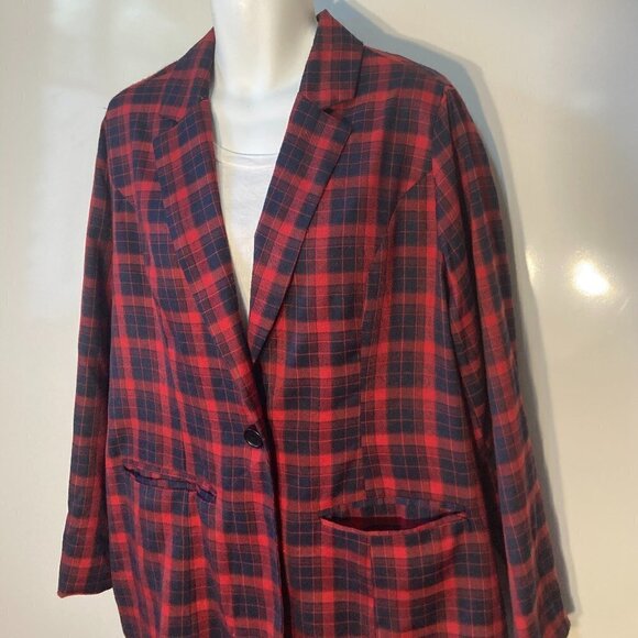 Say What SZ 1X Navy & Red Plaid Blazer Academia Heritage Old $ Preppy Work - Picture 2 of 8